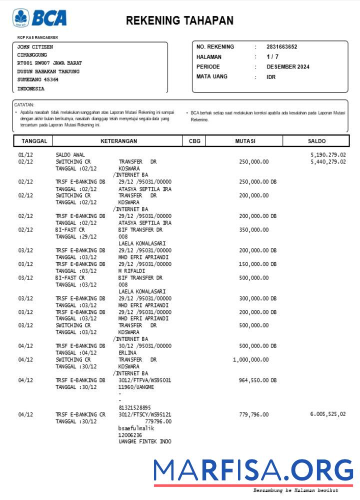 Printable Indonesia BCA bank statement word version 2 template